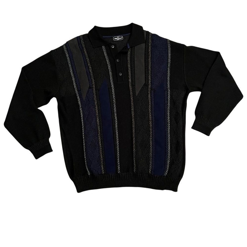 Piatelli sweater 1/4 Button Pullover wool Leather Inserts Navy Blue Black L